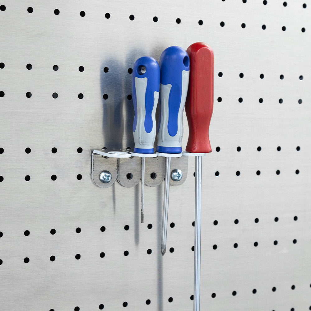 Four Single Ring Tool Holder on Pegboard with screwdrivers