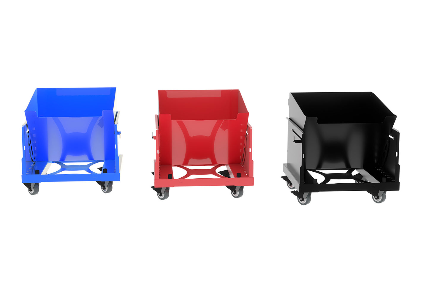 3 Chip hoppers in blue, red, and black finish
