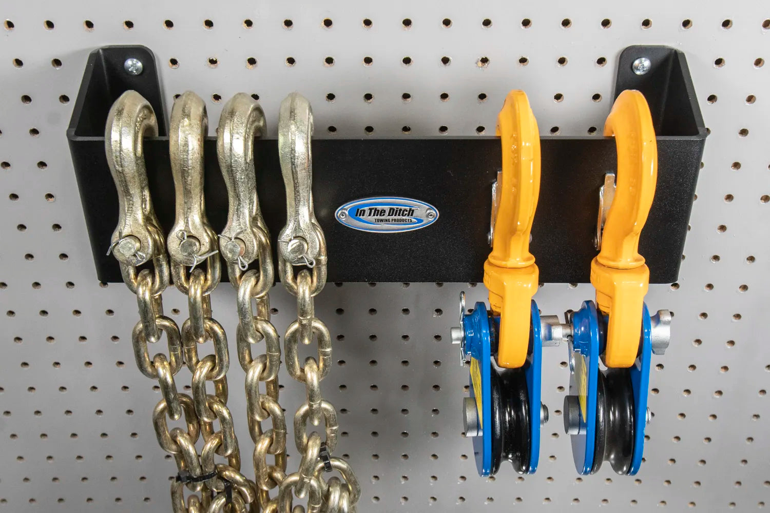 Heavy Chain and Snatch Block Holder Mounted on Pegboard