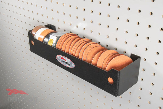 Industrial Storage Tray Mounted on Pegboard Wall