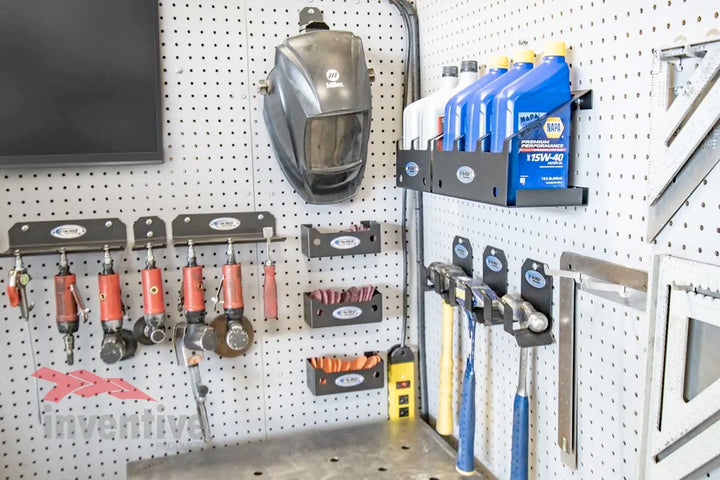 oil storage on pegboard wall